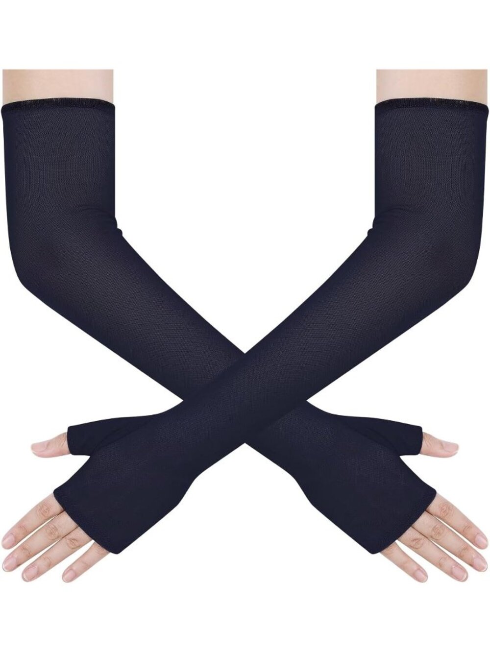 Women's Navy Elbow Length Tulle Mesh Long Fingerless Opera Party Sheer Gloves